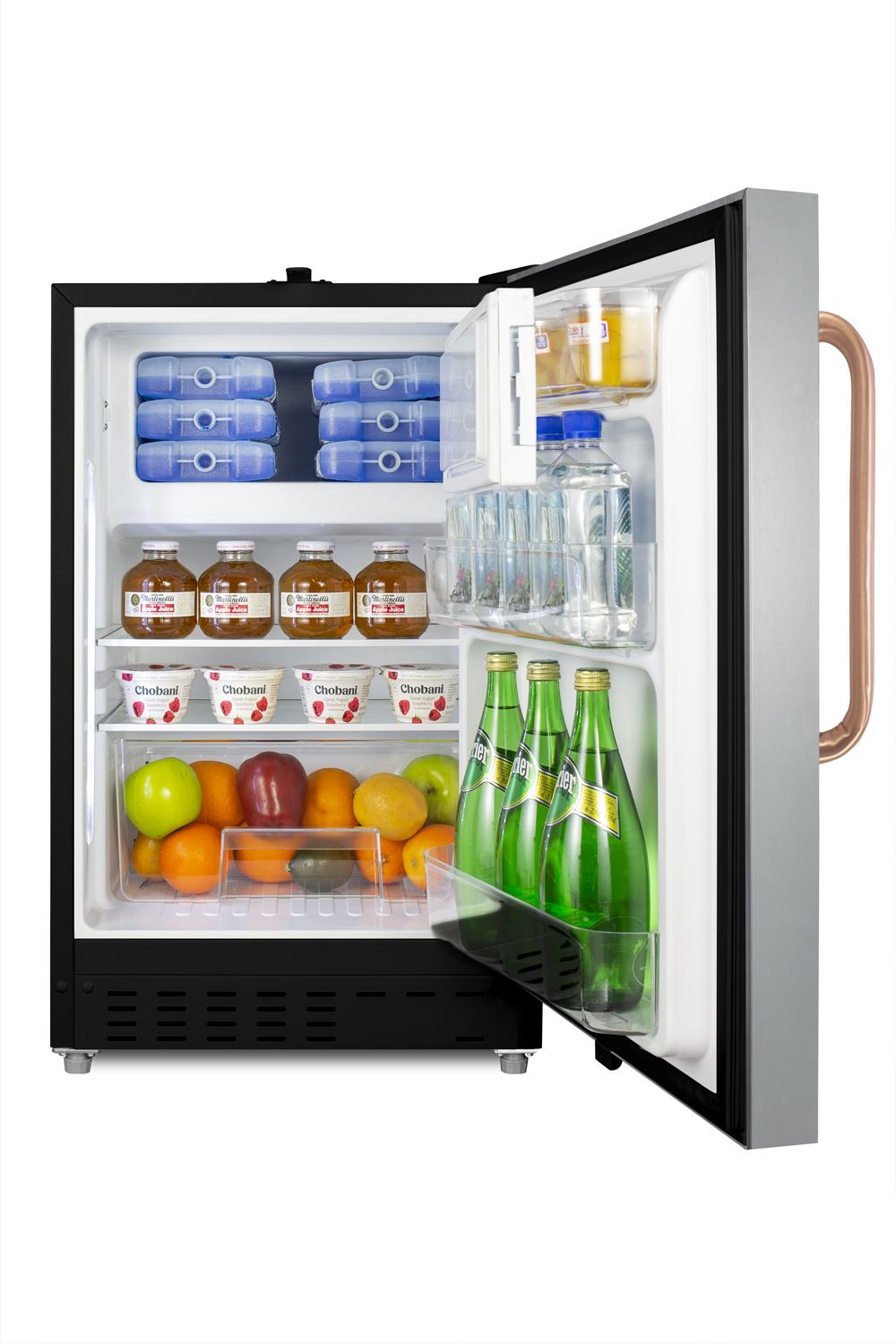 Built-in undercounter, ADA compliant refrigerator-freezer designed for general purpose storage, with a stainless steel door, pure copper towel bar handle, manual defrost operation, and front lock